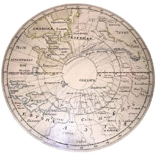 Карта Арктики, составленная М. В. Ломоносовым, с предполагаемыми маршрутами плавания из Европы на Камчатку через Северный Ледовитый океан. 1765 год.