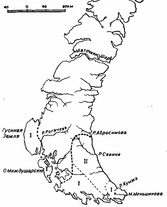 Схема пастбищных районов южного острова Новой Земли.
