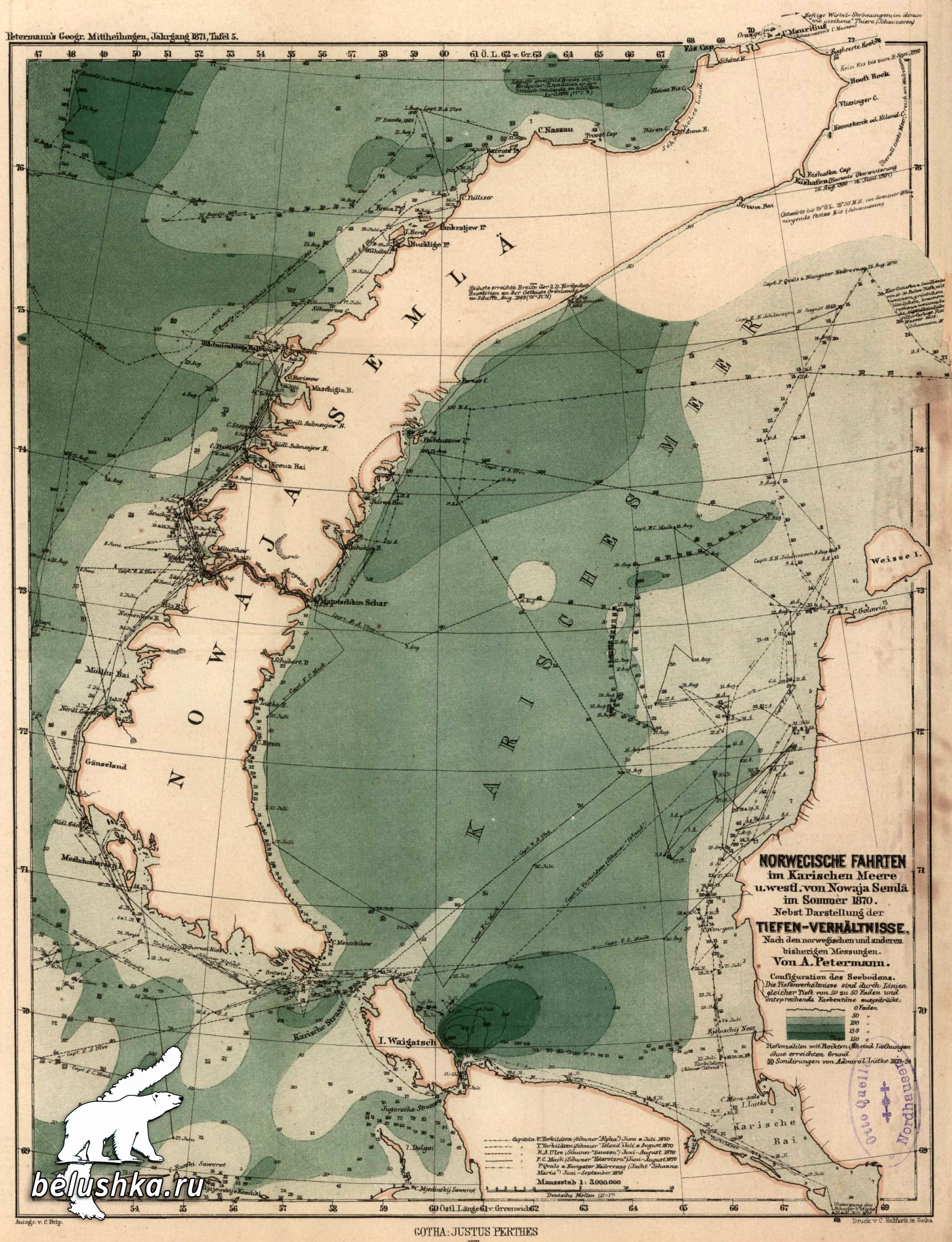 Карта плаваний норвежцев у Новой Земли 1870 г.