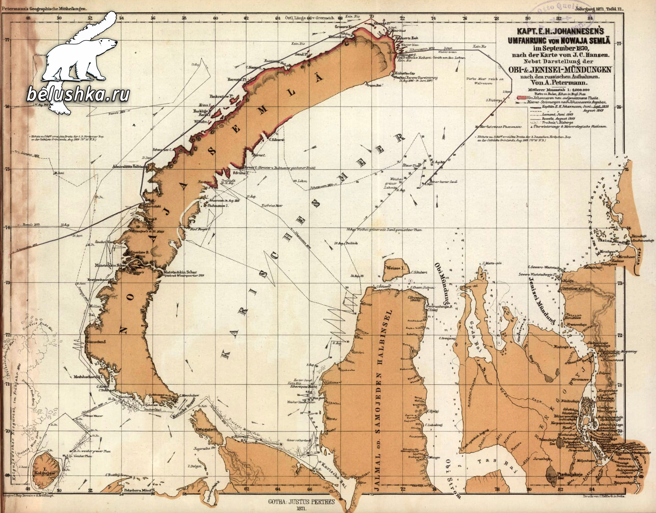 Карта плаваний Э. Йоханнесена у Новой Земли 1870 г.
