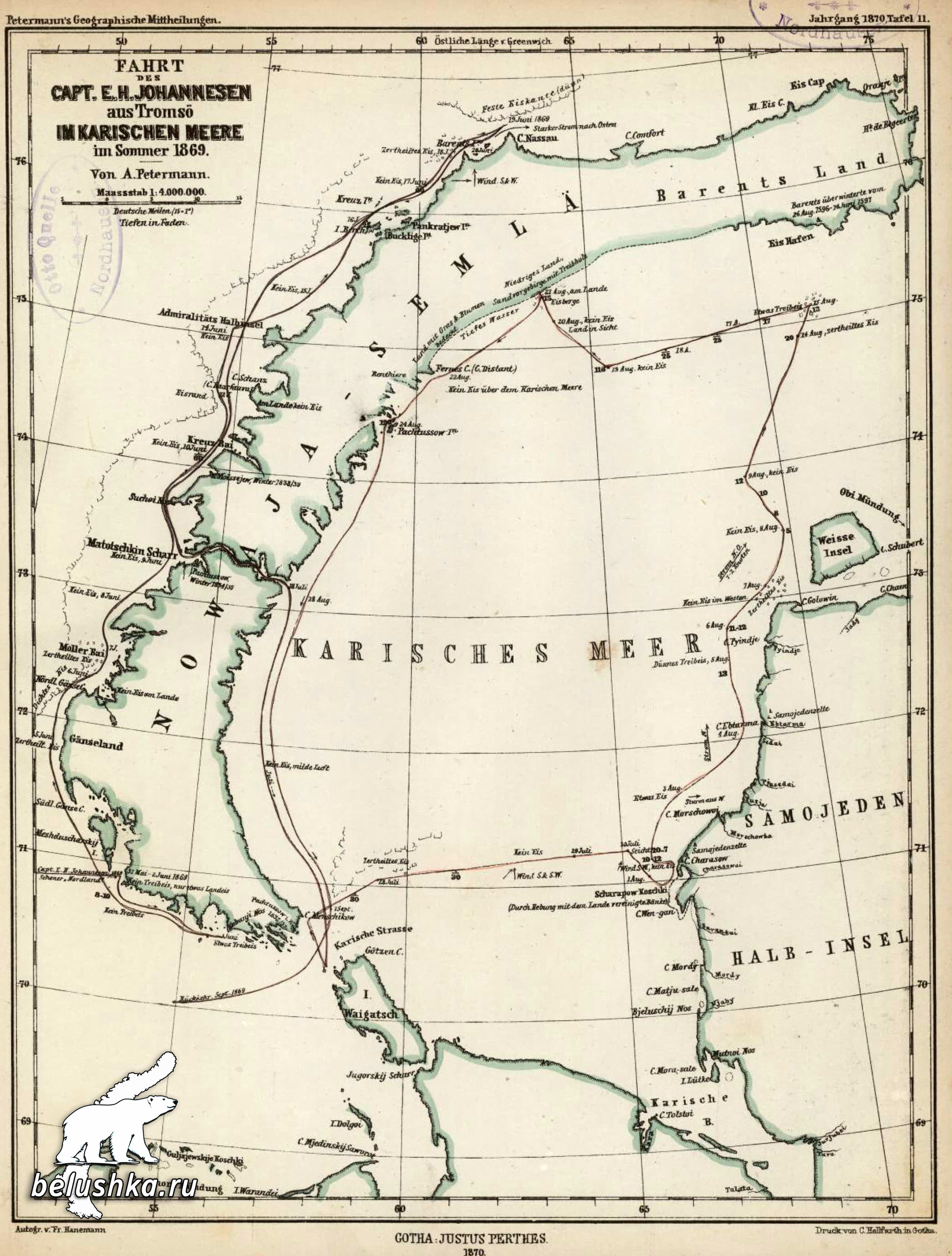 Карта плаваний Э. Йоханнесена у Новой Земли в 1869 г.