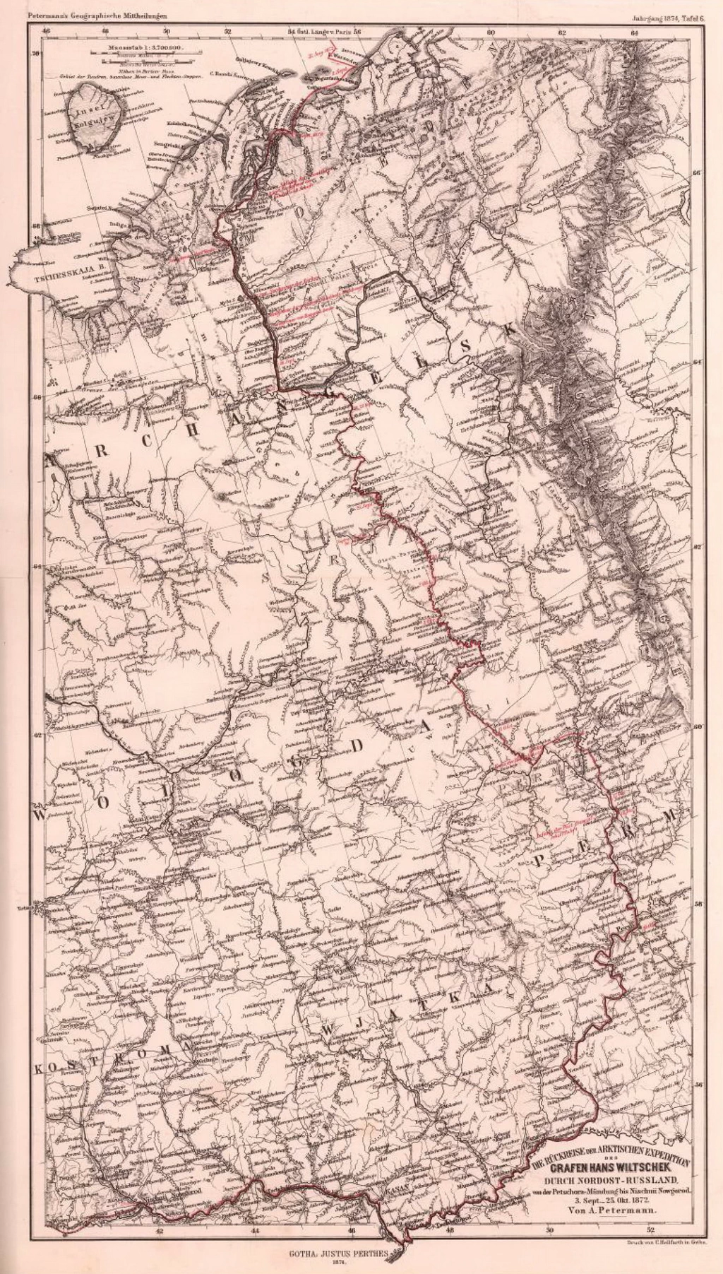 Карта экспедиции графа Вильчека по Печорскому краю